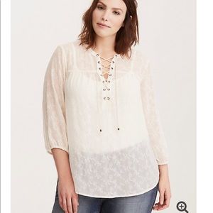 Embroidered Chiffon Lace Up Blouse